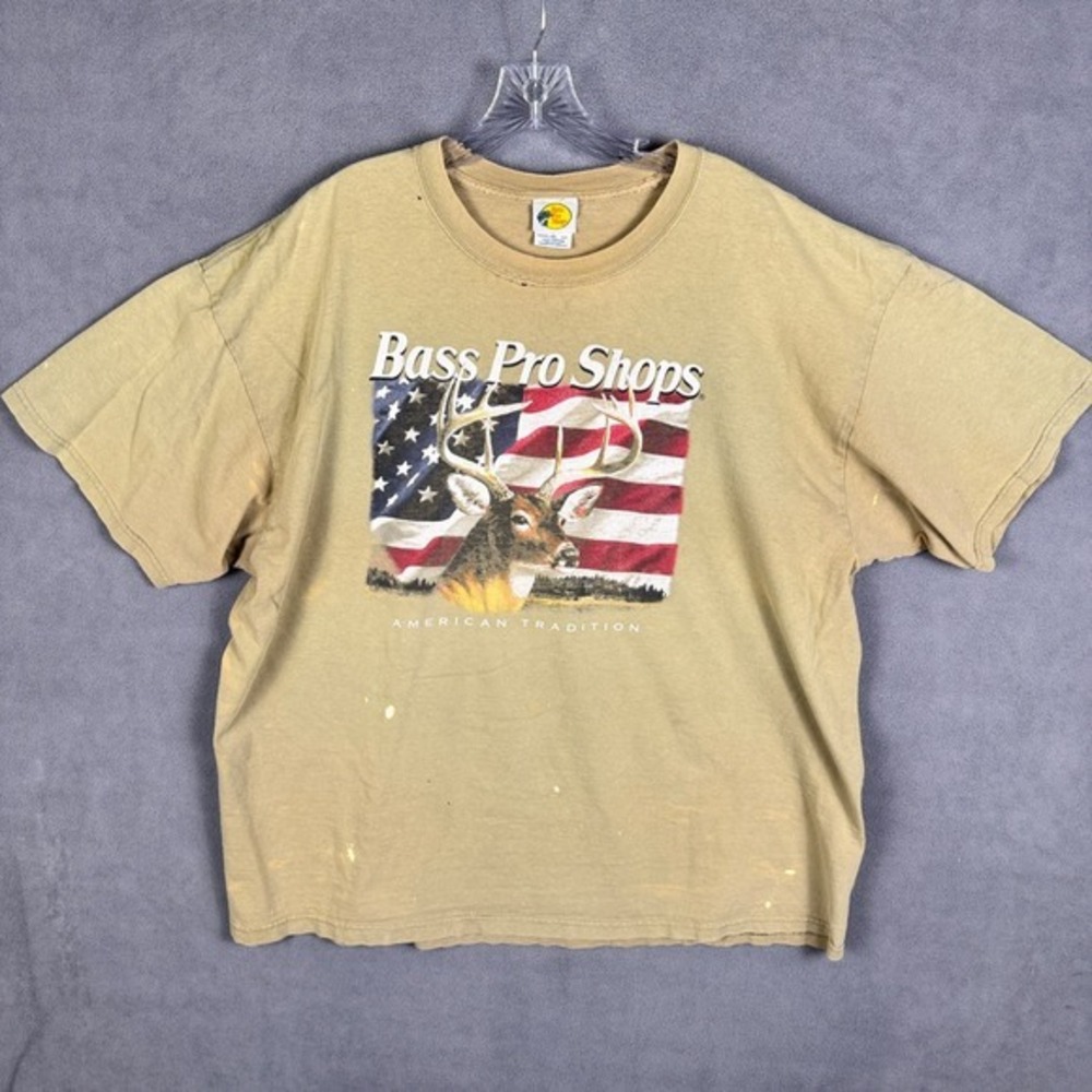 Bass‎ Pro Shops Mens T-Shirt 2XL Dear Buck Stars and Stripes Brown Vintage